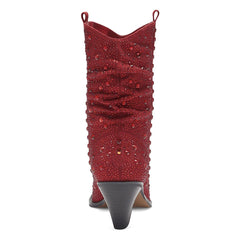 Dark Red Rhinestone Mid Calf Western Boots