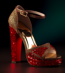 Glitter Red & Gold Opened Toe Ankle Strappy Platform Sandals With Chunky Heels