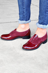 Patchwork Round Toe Low Block Heels Casual Burgundy Oxfords Pre Order