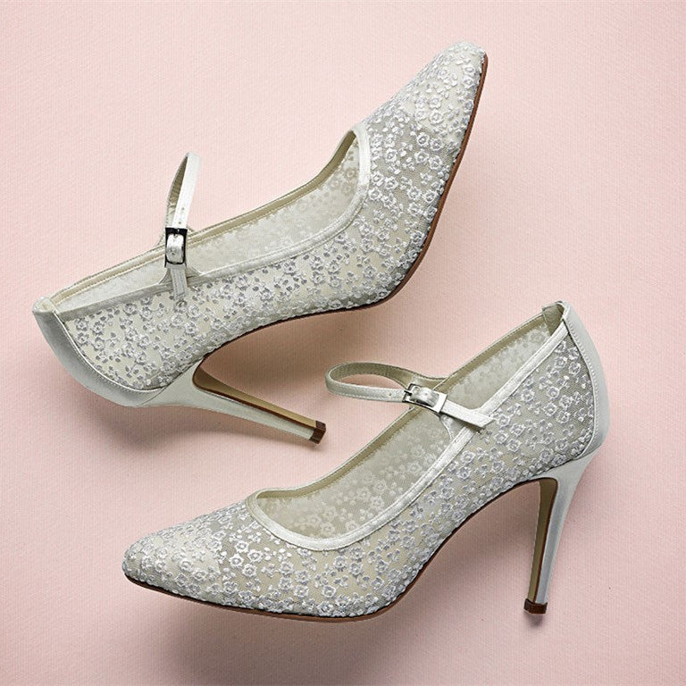 White Bridal Shoes Lace Heels Mary Jane Pumps for Wedding