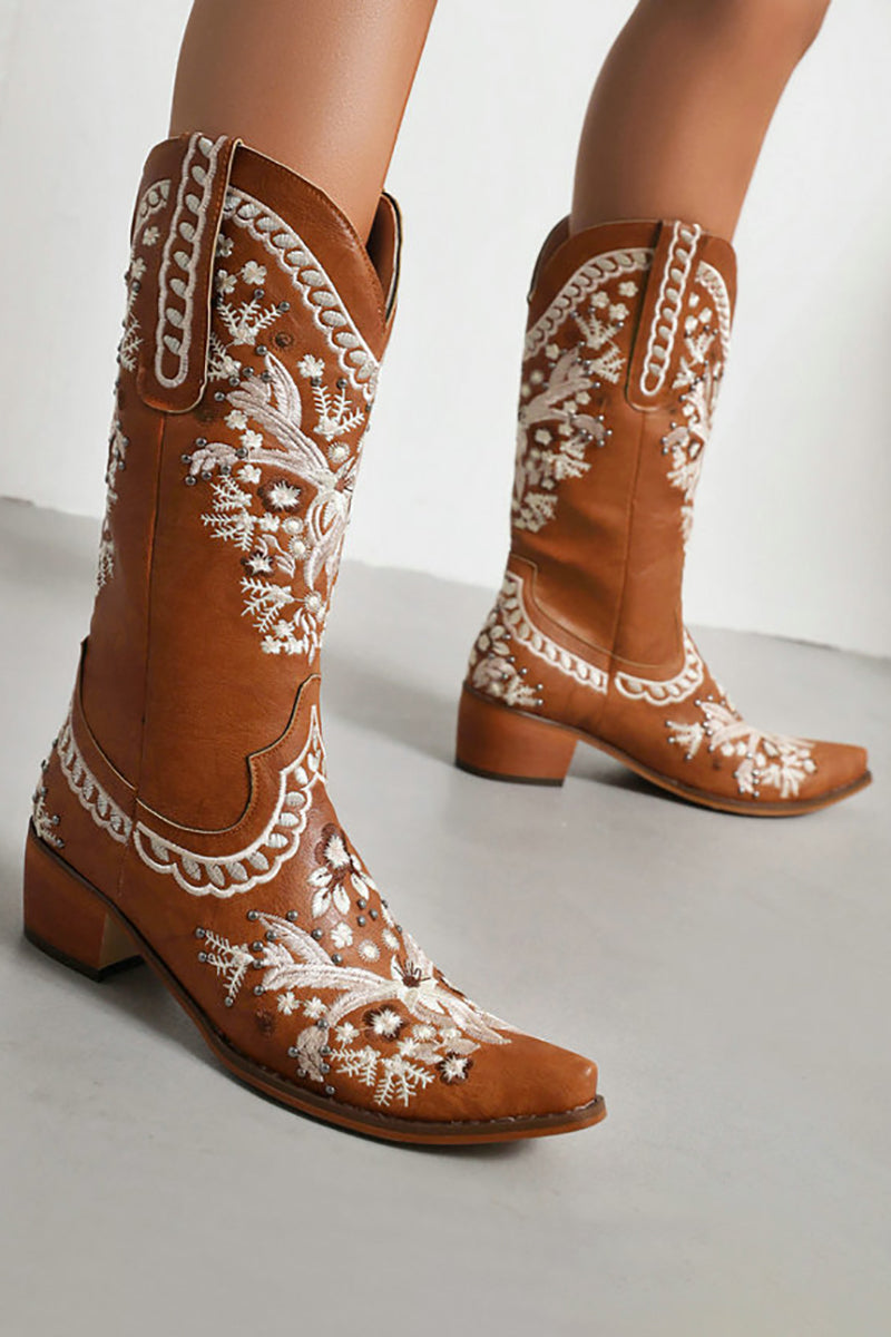 Boho Embroidery Stitching Studded V Groove High Boots