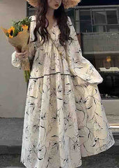 Chic White V Neck Print Wrinkled Patchwork Cotton Long Dresses Fall