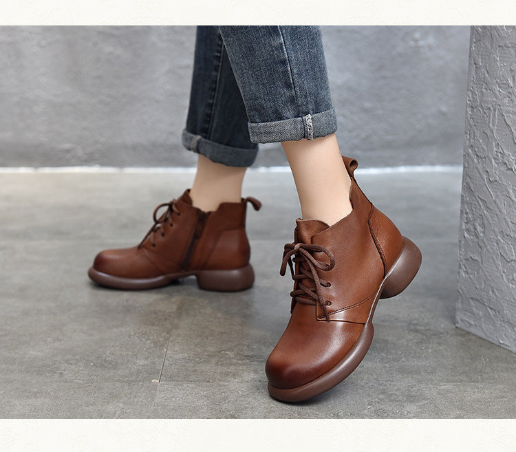 Vintage Leather Round Toe Lace-Up Boots