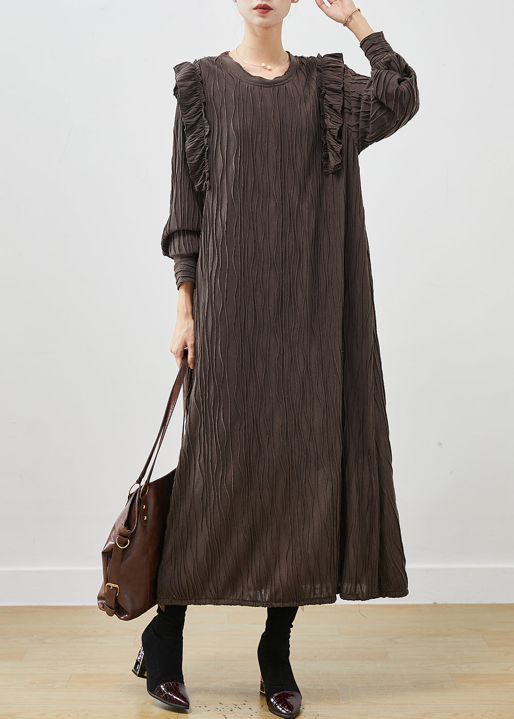 Chocolate Patchwork Cotton Pleated Dress Ruffled Spring