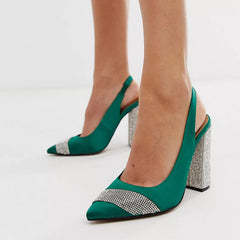 Women's Green Slingback Chunky Heel Rhinestones Pumps Party Heels