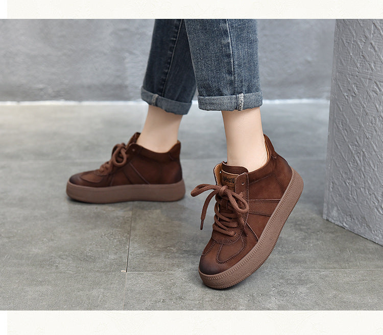 Classic Leather Lace-Up High Top Mid-heel Boots