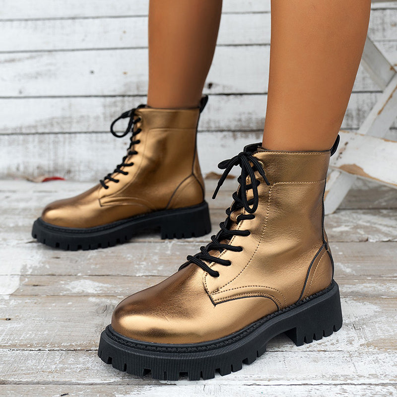 Metallic Sheen Patchwork Round Toe Lace Up Martin Boots