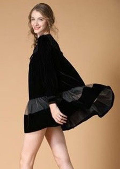 Women Black Embroideried Patchwork Velour Mini Dress Spring