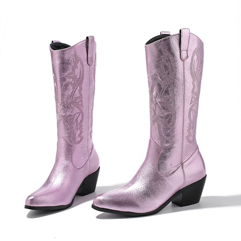 Shiny Sheen Pointed Toe Mid Calf Chunky Cowgirl Boots