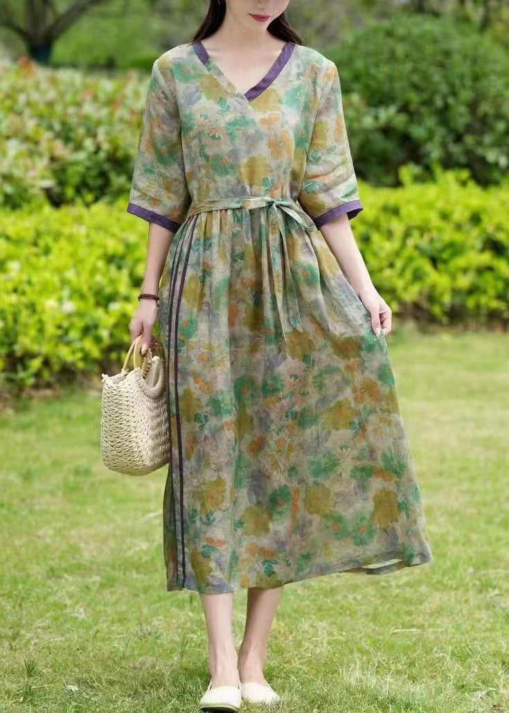 Green Print Pockets Patchwork Linen Dress Tie Waist Summer