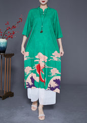 Slim Fit Green Mandarin Collar Chinese Button Print Silk Dresses Summer