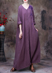 Vintage Llight Purple V Neck Asymmetrical Patchwork Linen Ankle Dress Long