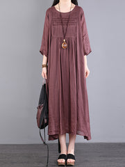 Women Summer Elegant Solid Draped Loose Ramie Dress