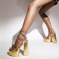 Gold Open Toe Snakeskin Sandals Women'S Elegant Platform Shoes Party Chunky Heels