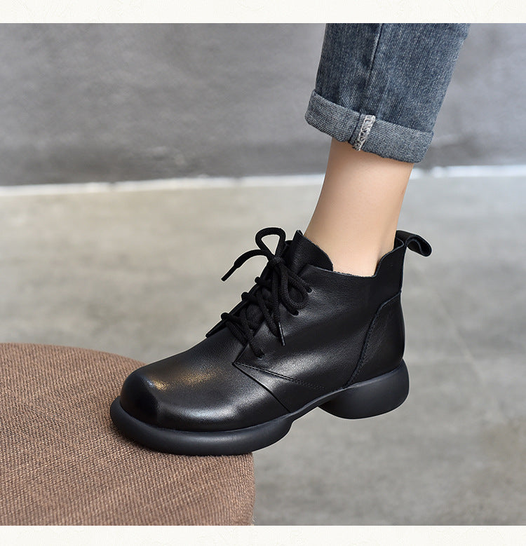 Vintage Leather Round Toe Lace-Up Boots