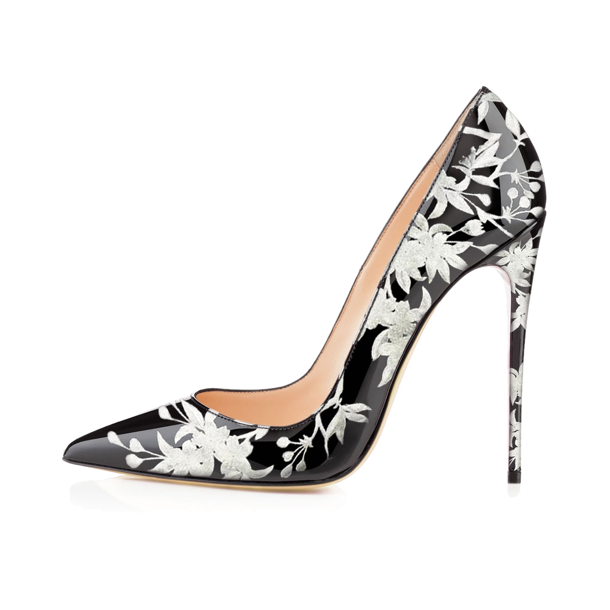 Black and White Floral Heels Patent Leather Pencil Heel Pumps