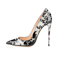 Black and White Floral Heels Patent Leather Pencil Heel Pumps