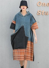 Plus Size Blue hooded Patchwork Plaid Pockets Fall Denim Dresses Half Sleeve