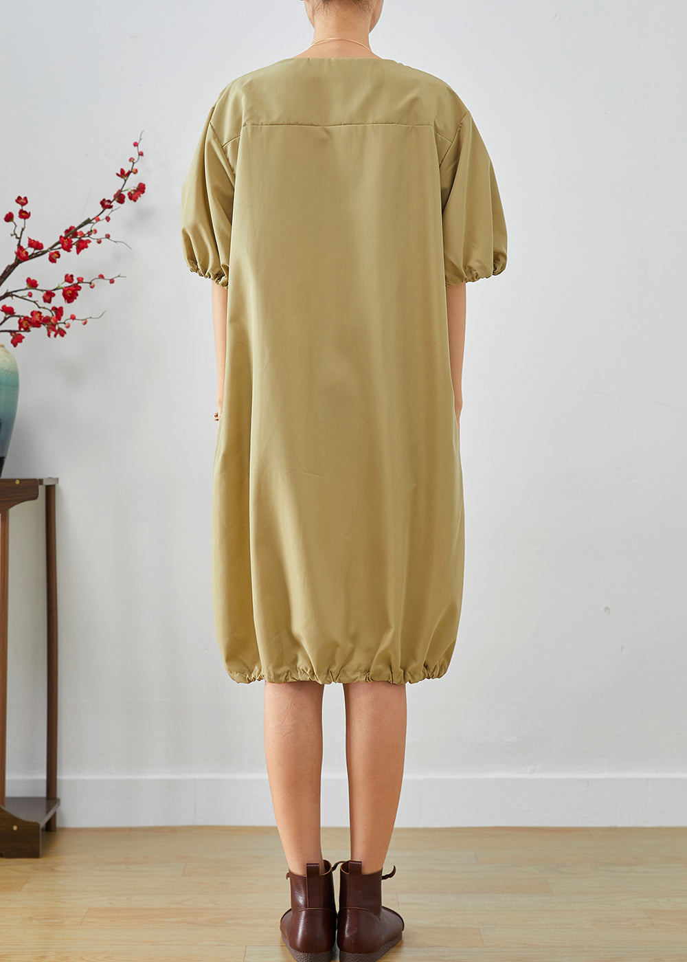 Boho Khaki V Neck Oversized Cotton Mid Dress Lantern Sleeve