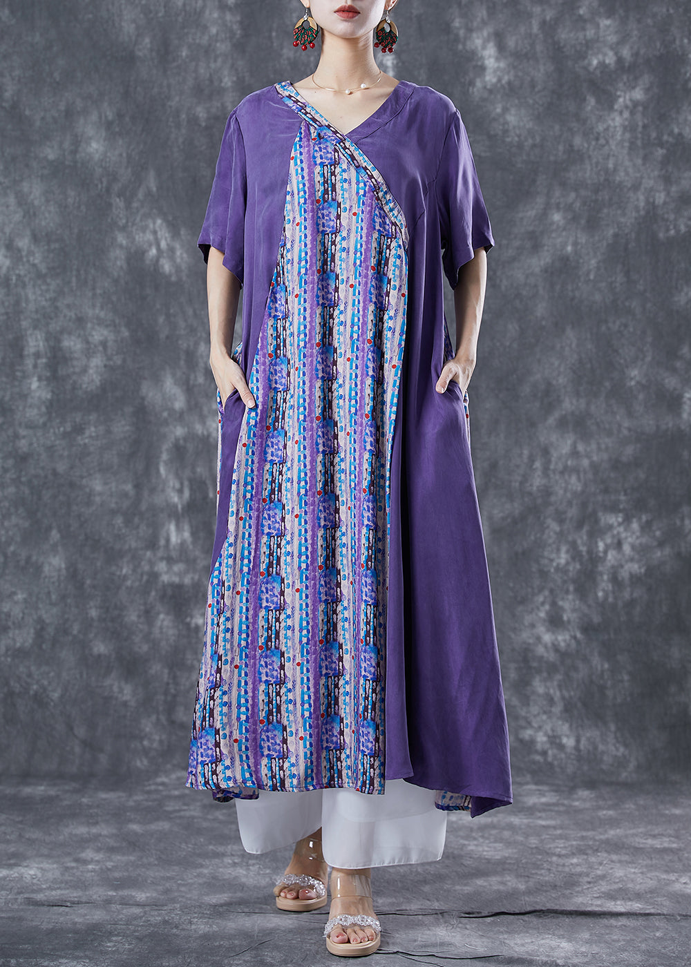 Art Purple Asymmetrical Patchwork Print Chiffon Dress Summer