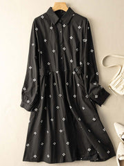 100% Natural Fabric Printed Floral Long Sleeve Shirt Dress With Pockets