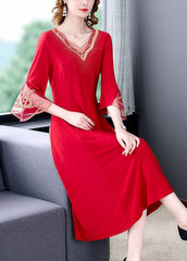 Slim Fit Red V Neck Patchwork Embroideried Silk Dresses Flare Sleeve