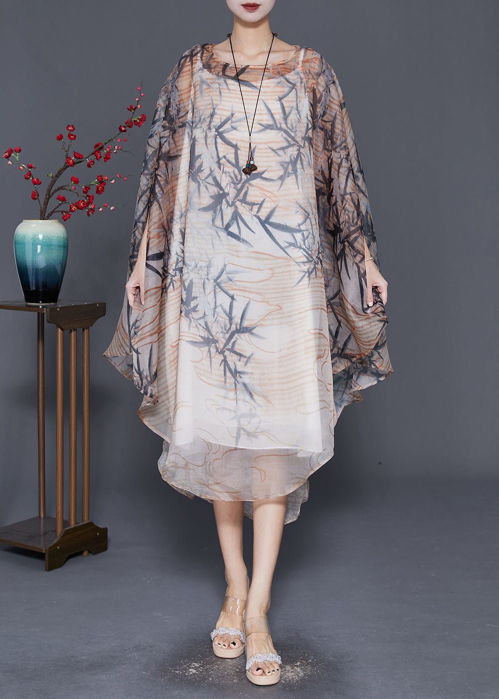 Bohemian Khaki Oversized Print Tulle Dress Cloak Sleeves