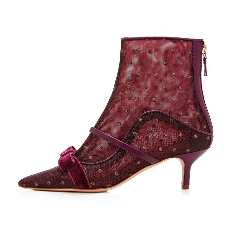 Maroon Mesh Dots Bow Kitten Heel Boots