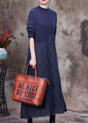 Modern Blue Knit Patchwork Lace Vacation Dresses