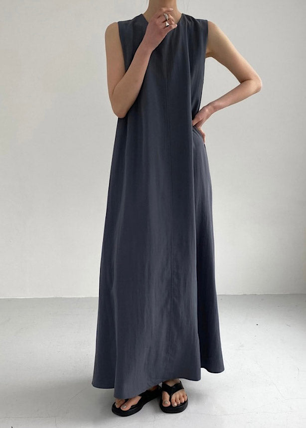 Women Navy O-Neck Solid Maxi Dress Summer