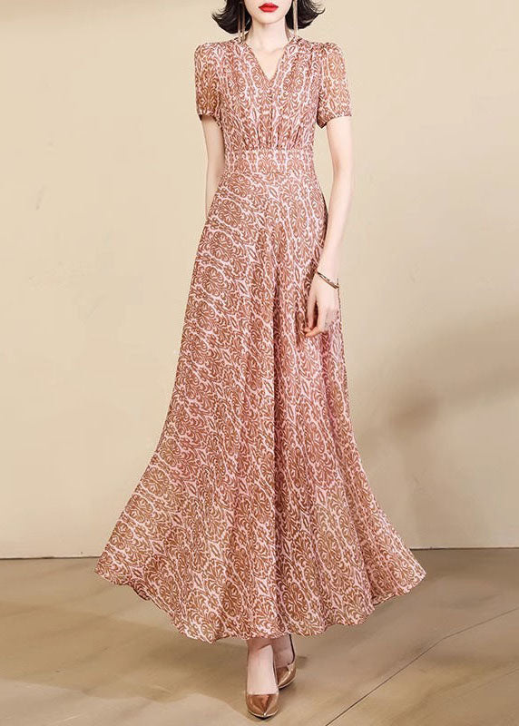 Beautiful Pink Print High Waist Chiffon Maxi Dresses Summer