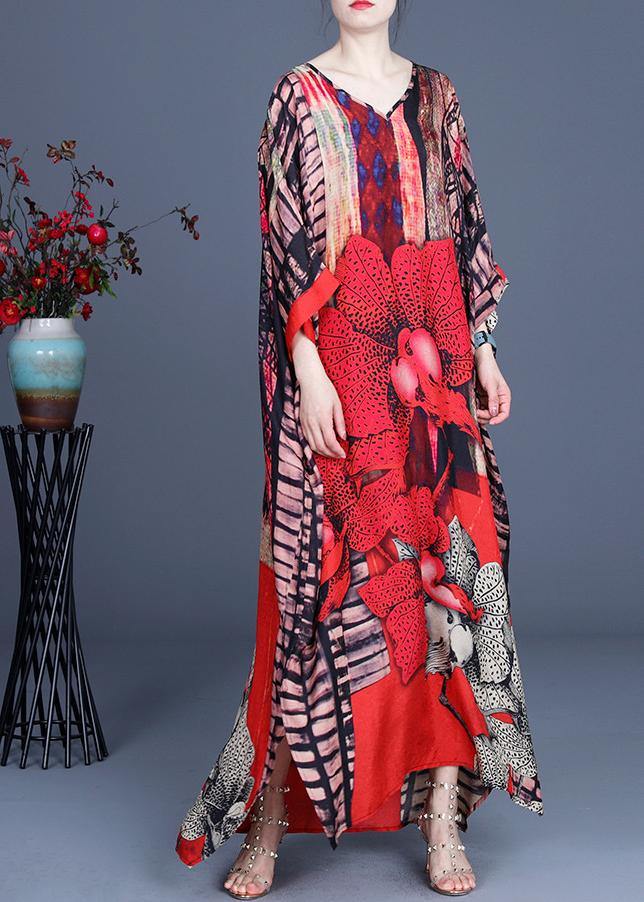 Bohemian Red Print side open Maxi Summer Chiffon Dress