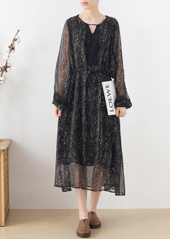 Fine Black Print Chiffon Tie Waist Summer Long Dresses