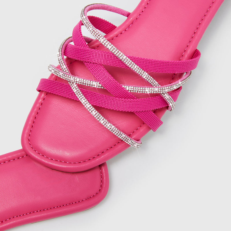 Fuchsia Square Toe Sandal Women'S Elegant Flat Shoes Summer Rhinestone Mules