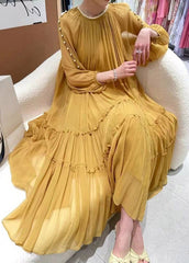 DIY Yellow O-Neck Nail bead Ruffled Silk Dress Long Sleeve