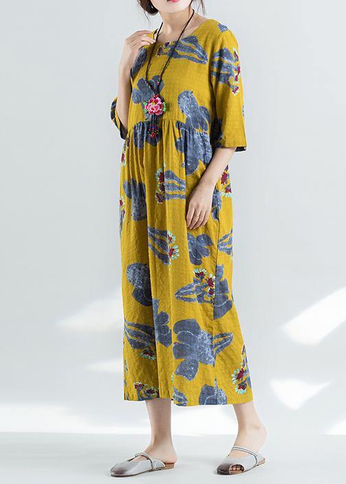 100% yellow prints linen dress Boho Catwalk high waist summer Dresses