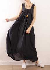 Elegant dark blue linen cotton Robes Fine Sewing Sleeveless drawstring Maxi Summer Dresses