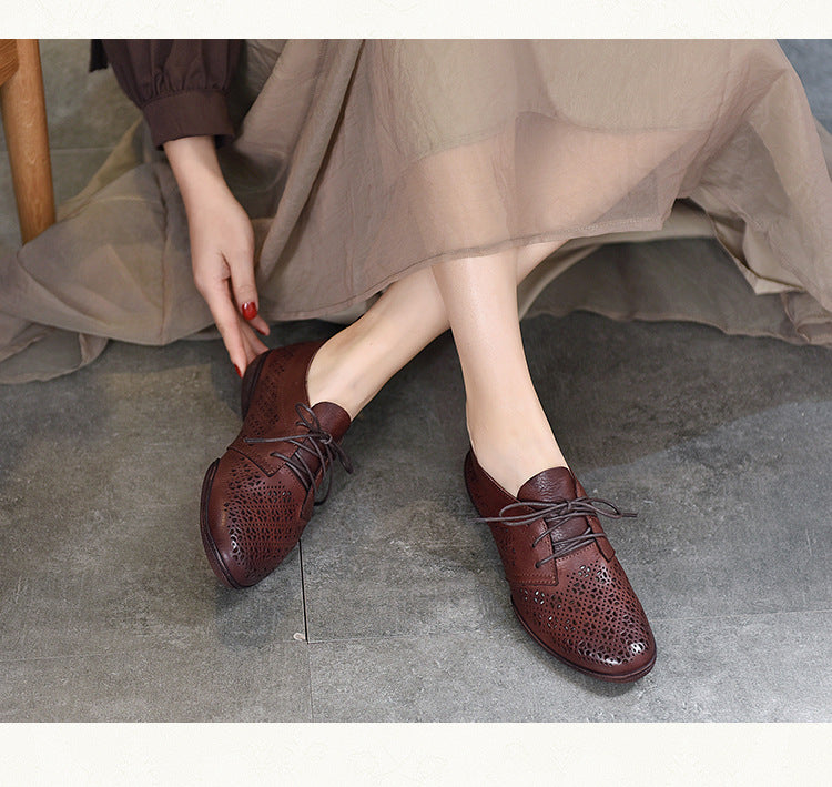 Literary Hollow Leather Flat Shoes