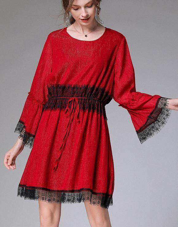 Handmade Red Patchwork Chiffon flare sleeve Summer Mini Dresses