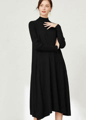 Loose Black Turtle Neck Solid Color Exra Large Hem Knitwear Dress Long Sleeve