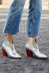 Metallic Sheen V Cut Pointed Toe Silver Chunky Heels Ankle Boots