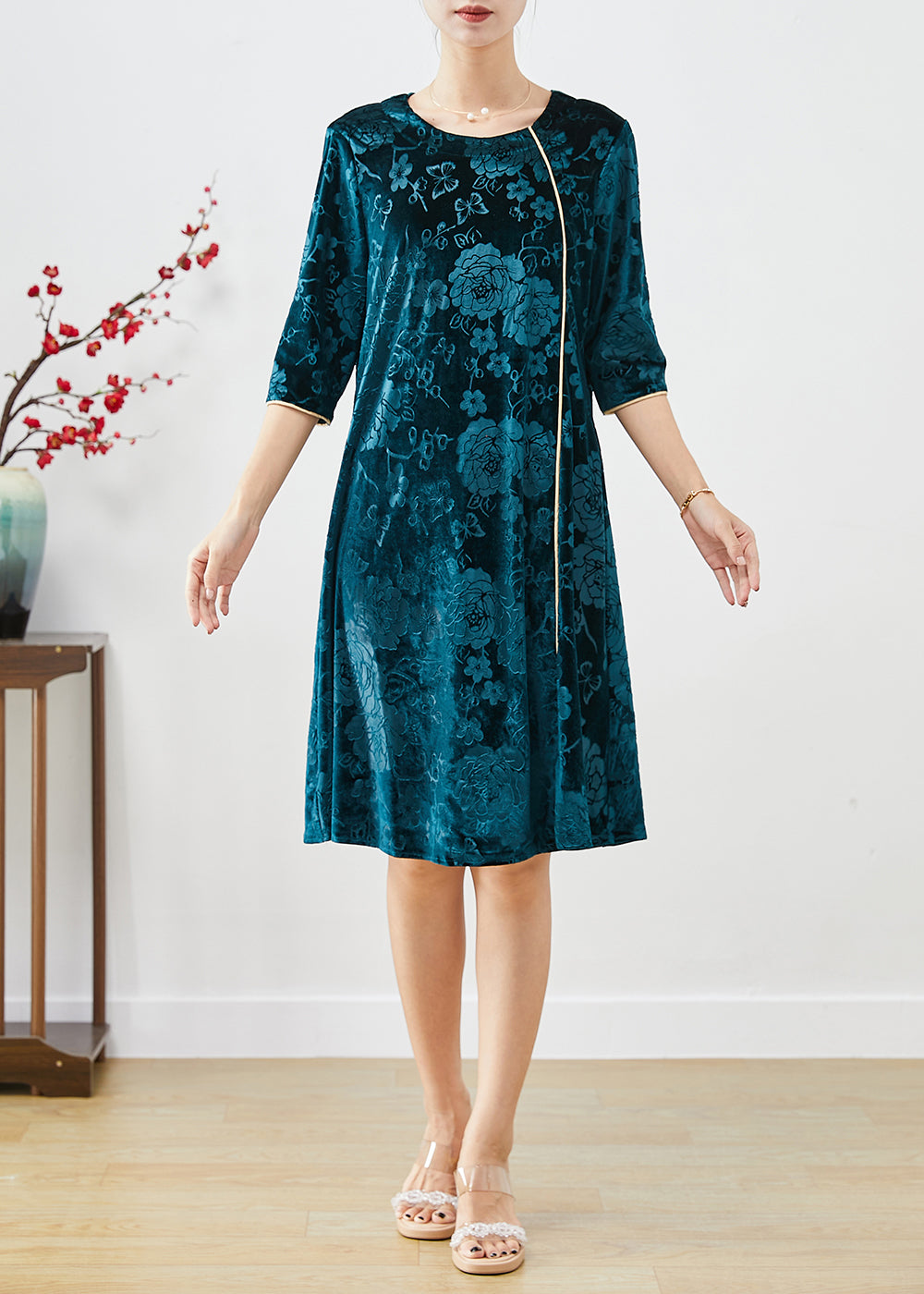 Boutique Peacock Green Jacquard Silk Velour Mid Dress Half Sleeve