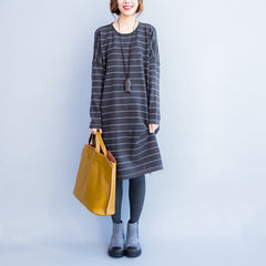 2021 autumn gray casual knit dresses plus size striped sweater dress