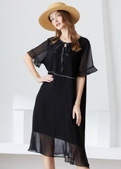 Modern Black O-Neck Ruffles Lace Up Chiffon Long Dress Summer