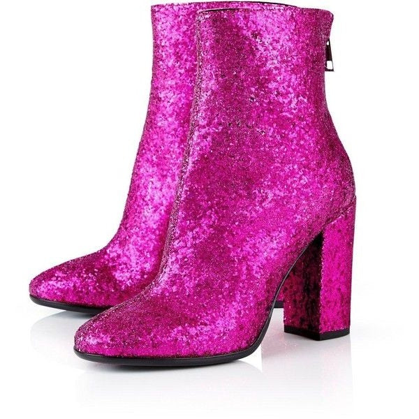 Dark Hot Pink Glitter Boots Closed Toe Block Heel Fashion Ankle Boots