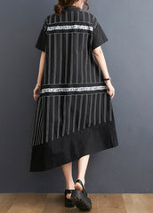 Unique Black Asymmetrical Patchwork Striped Cotton Shirt Dresses Summer