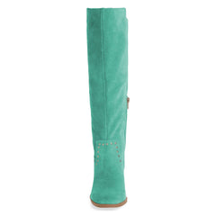 Cyan Vegan Suede Low Block Heel Studs Knee High Boots