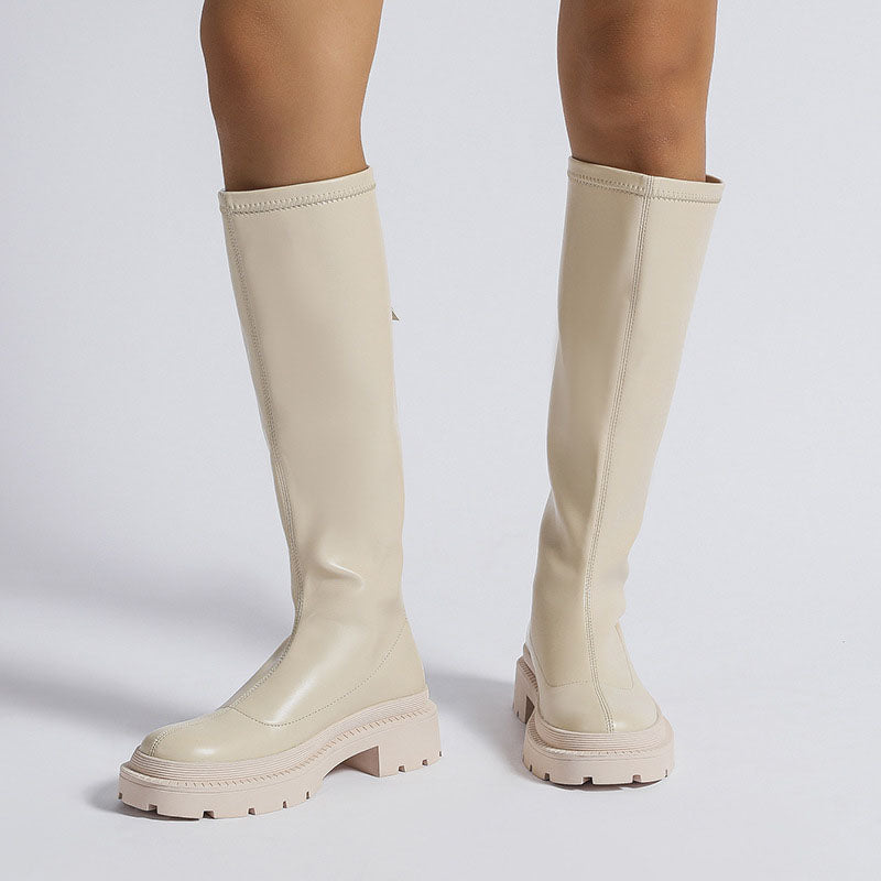 Zip Up Plain Round Toe Chunky Knee High Boots