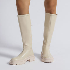 Zip Up Plain Round Toe Chunky Knee High Boots