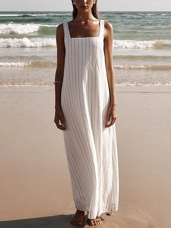 Striped A-Line Loose Square-Neck Maxi Dresses